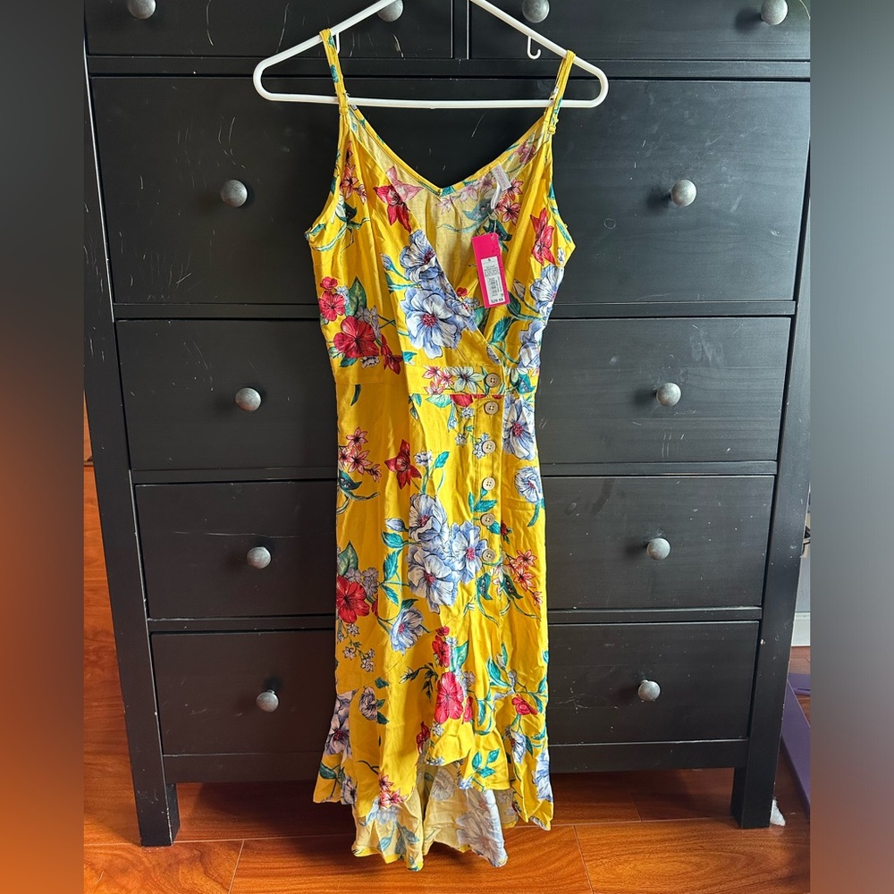 Xhilaration Yellow Tropical Print High-Low Wrap Dress Size Small